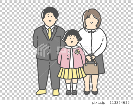 一對年輕夫婦和穿著正式服裝的孩子的家庭插圖(入學典禮,畢業典禮,入學典禮,畢業典禮) 一對年輕夫婦和穿著正式服裝的孩子的家庭插圖(入學典禮,畢業典禮,入學典禮,畢業典禮) 113254633