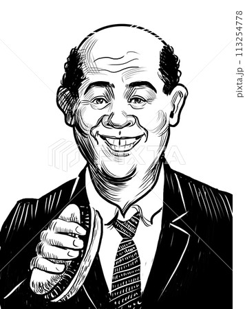Man eating hot dog. Hand drawn retro styled black and white illustration 113254778