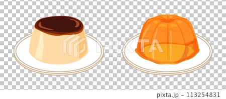 皿に乗せた柔らかいプリンとオレンジゼリーのセット 113254831