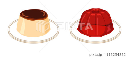 皿に乗せた柔らかいプリンとストロベリーゼリーのセット 皿に乗せた柔らかいプリンとストロベリーゼリーのセット 113254832