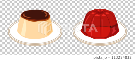 皿に乗せた柔らかいプリンとストロベリーゼリーのセット 皿に乗せた柔らかいプリンとストロベリーゼリーのセット 113254832
