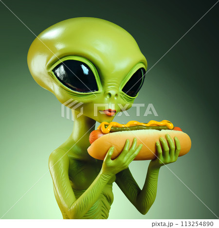 Green alien gazing at a hot dog with mustard Green alien gazing at a hot dog with mustard 113254890