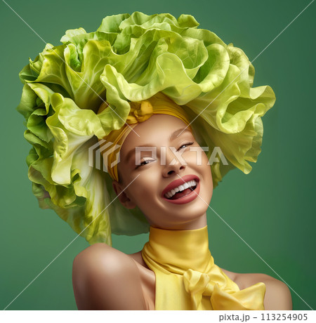 Woman with a lettuce headdress on a green background, surreal portrait, vegetarian themes Woman with a lettuce headdress on a green background, surreal portrait, vegetarian themes 113254905