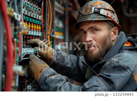 Technician attentively working on electrical panel 113254943