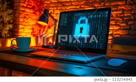 Laptop showing security concept with coffee cup and warm light in a homely setting 113254945