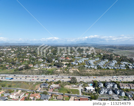 Aerial view of highway interchange and junction, San Diego Freeway interstate 5, California 113254979