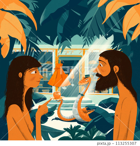 Adam and Eve in the Garden of Eden are seduced by a serpent doorman in a clothing store. Adam and Eve in the Garden of Eden are seduced by a serpent doorman in a clothing store. 113255307