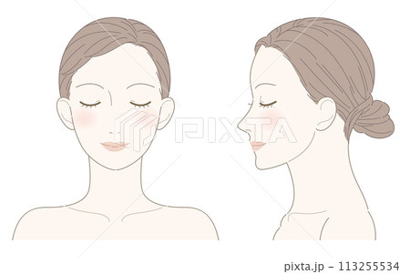 美容　女性　肩まで　正面　横顔　目を閉じる（チークあり） 113255534