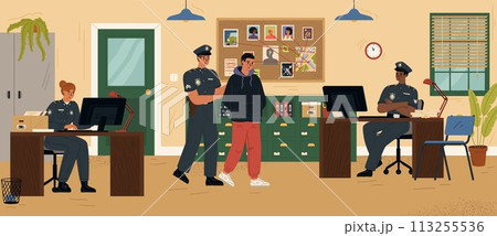 Policeman leading arrested robber and lawbreaker in police station 113255536