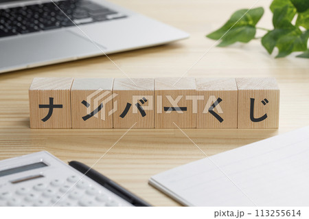 ナンバーくじと書かれた積み木のブロック 113255614