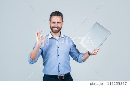 handsome smiling bearded businessman in shirt with laptop, agile business 113255857