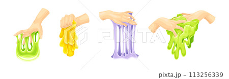 Human Hand Playing with Colorful Slime Toy Vector Set 113256339