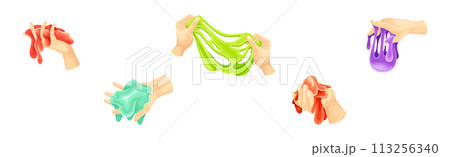 Human Hand Playing with Colorful Slime Toy Vector Set 113256340