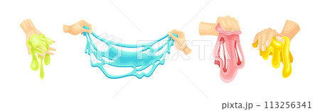 Human Hand Playing with Colorful Slime Toy Vector Set 113256341