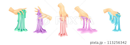 Human Hand Playing with Colorful Slime Toy Vector Set Human Hand Playing with Colorful Slime Toy Vector Set 113256342