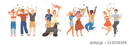 People Character Winner with Golden Cup Celebrating Success Vector Set 113256384