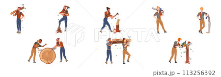 Male Lumberjack Character Chopping Wood Vector Set 113256392
