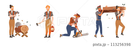 Male Lumberjack Character Chopping Wood Vector Set 113256398