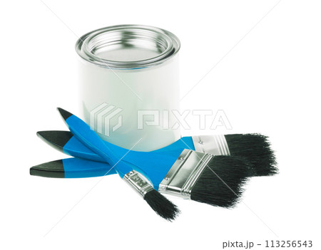 Generic white tin can with paint and flat brushes 113256543
