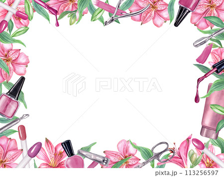 Manicure tools, nail polish, splashes among tropical flowers. Square frame with copy space. Nail file, cream, nail buffer, cuticle trimmer for beauty. Watercolor illustration isolated on white. Manicure tools, nail polish, splashes among tropical flowers. Square frame with copy space. Nail file, cream, nail buffer, cuticle trimmer for beauty. Watercolor illustration isolated on white. 113256597