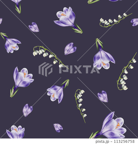 Watercolor seamless pattern with bouquet of violet blooming crocus and lilies of the valley flowers and isolated on background. Spring and easter botanical templates, banner. Hand painted saffron 113256758