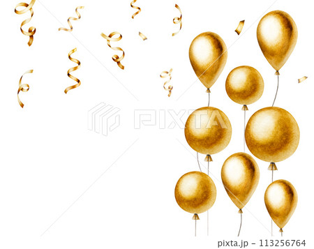 Watercolor golden frame with ribbon and streamer for birthday gifts, foil balloons. Hand drawn confetti for party decoration isolated on background. Shiny template, banner for designers, prints, baby 113256764