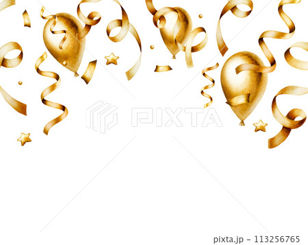 Watercolor golden frame with ribbon and streamer for birthday gifts, foil balloons. Hand drawn confetti for party decoration isolated on background. Shiny template, banner for designers, prints, baby 113256765