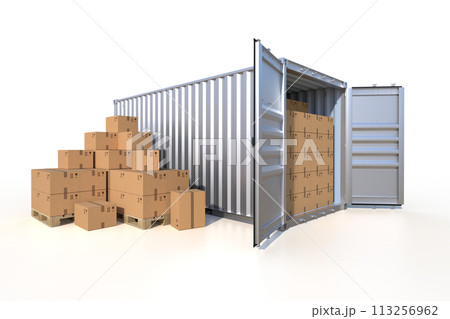 Ship cargo container side view with cardboard boxes Ship cargo container side view with cardboard boxes 113256962
