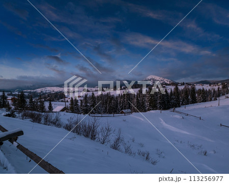 Night countryside hills, groves and farmlands in winter remote alpine mountain village. Ukraine, Voronenko. Night countryside hills, groves and farmlands in winter remote alpine mountain village. Ukraine, Voronenko. 113256977