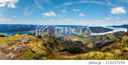 Picturesque autumn Alps mountain lakes view from Schafberg viewpoint, Salzkammergut, Upper Austria. Picturesque autumn Alps mountain lakes view from Schafberg viewpoint, Salzkammergut, Upper Austria. 113257259