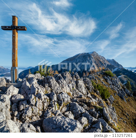Autumn Alps mountain misty morning view from Jenner Viewing Platform, Schonau am Konigssee, Berchtesgaden national park, Bavaria, Germany. 113257261