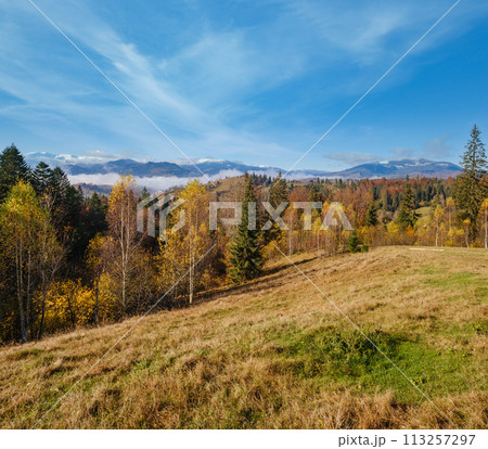 Late autumn mountain morning scene with snow covered tops in far and foggy clouds in valleys. Picturesque traveling, seasonal, nature and countryside beauty concept scene. Carpathians, Ukraine. Late autumn mountain morning scene with snow covered tops in far and foggy clouds in valleys. Picturesque traveling, seasonal, nature and countryside beauty concept scene. Carpathians, Ukraine. 113257297