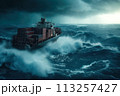 Container ship floats in ocean amid storm that involves large waves a strong winds. AI Generation 113257427