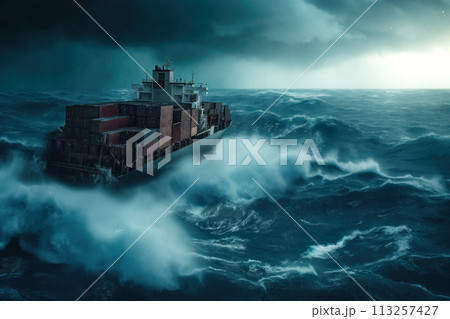 Container ship floats in ocean amid storm that involves large waves a strong winds. AI Generation 113257427