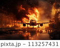 After an explosion, an aircraft carrying passengers crashes at an airport. AI Generation 113257431