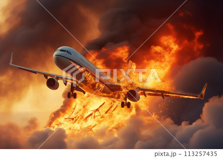 Fire in engine smoke of a catastrophic airplane flight was followed by explosion AI Generation  113257435