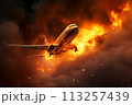 Explosion after catastrophic airplane flight with a burning fire a smoke engine AI Generation  113257439
