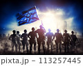 Standing in front of Israeli flag, Israeli army protects its people from foreign aggression AI Generation 113257445
