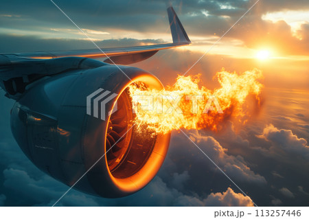 An airplane engine malfunctioned during flight, causing a fire to ignite AI Generation An airplane engine malfunctioned during flight, causing a fire to ignite AI Generation 113257446