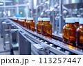Pharmaceutical manufacturing with liquid in glass bottles on automatic conveyor system AI Generation 113257447