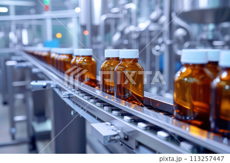 Pharmaceutical manufacturing with liquid in glass bottles on automatic conveyor system AI Generation 113257447