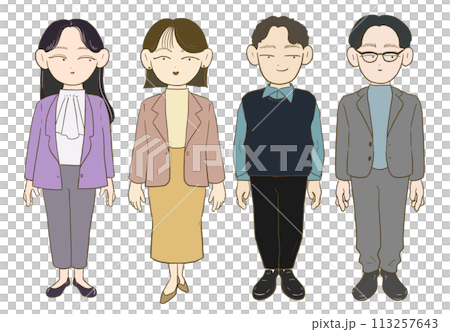 オフィスカジュアルな服装の若い男女 113257643