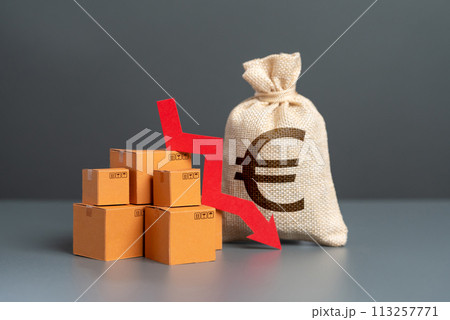 Boxes with goods and a red arrow up next to a euro money bag. Trade shortage. Low demand for goods. Import and export. Economic deterioration and fall of sale profits. 113257771