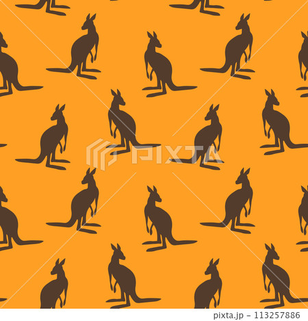 Seamless pattern with Kangaroo silhouette on color background. Vector illustration for card design, poster, fabric, textile. Pray for Australia and animals Seamless pattern with Kangaroo silhouette on color background. Vector illustration for card design, poster, fabric, textile. Pray for Australia and animals 113257886