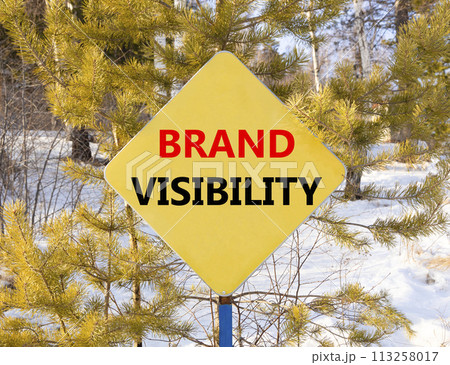 Brand visibility symbol. Concept words Brand visibility on beautiful yellow road sign. Beautiful forest snow blue sky background. Business branding and brand visibility concept. Copy space. 113258017
