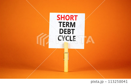 Short term debt cycle symbol. Concept words Short term debt cycle on beautiful white paper on clothespin. Beautiful orange background. Business Short term debt cycle concept. Copy space Short term debt cycle symbol. Concept words Short term debt cycle on beautiful white paper on clothespin. Beautiful orange background. Business Short term debt cycle concept. Copy space 113258041