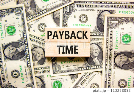 Payback time symbol. Concept words Payback time on wooden blocks. Beautiful background from dollar bills. Business and payback time concept. Copy space. 113258052