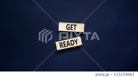 Get ready symbol. Concept words Get ready on wooden blocks on a beautiful black table black background. Business, support, motivation and get ready concept. Copy space. Get ready symbol. Concept words Get ready on wooden blocks on a beautiful black table black background. Business, support, motivation and get ready concept. Copy space. 113258061