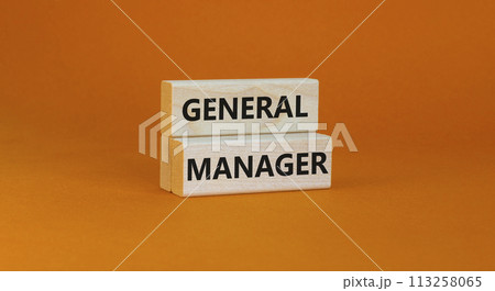 General manager symbol. Concept words General manager on wooden blocks on a beautiful orange background. Business and general manager concept. Copy space. 113258065