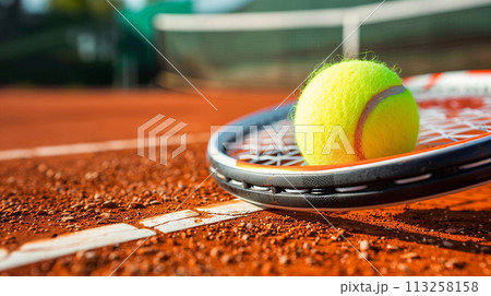 Tennis Court Close-Up with Ball and Racket 113258158